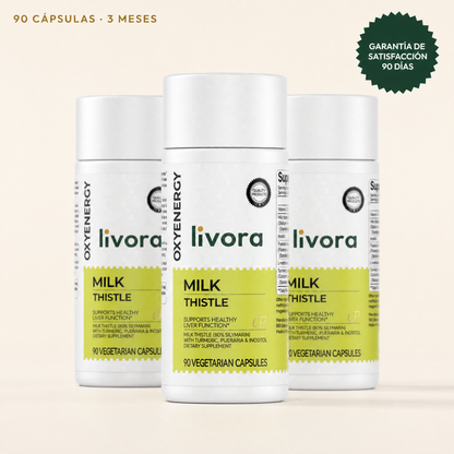 Pack de tres frascos de Livora, 90 cápsulas cada uno, garantía de satisfacción de 90 días