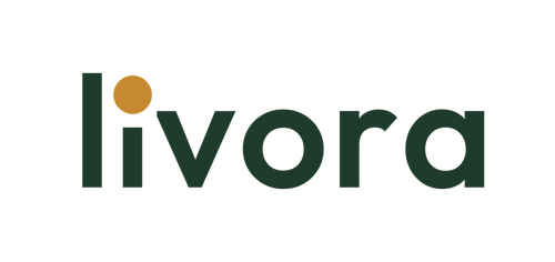 Logo de Livora en verde bosque con el punto dorado en la i